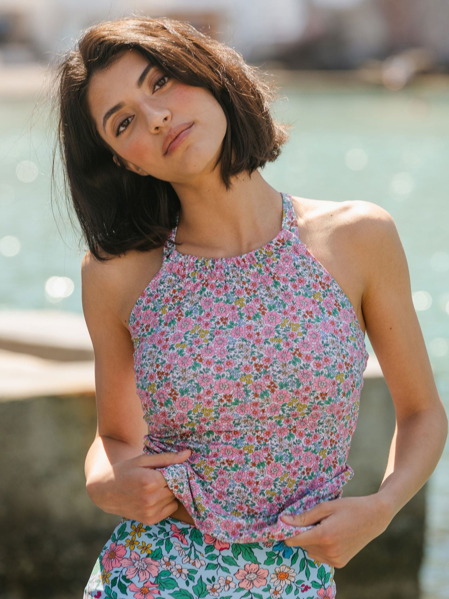 Whimsy Floral Double-Cinch Tankini Top