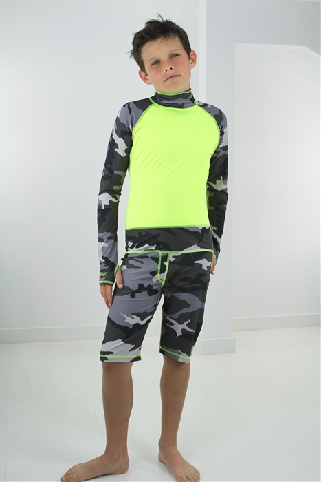 Boy's Short Body Swimsuit - UPF 50+ Sun Protective Swimwear - Grey Camo w/Yellow