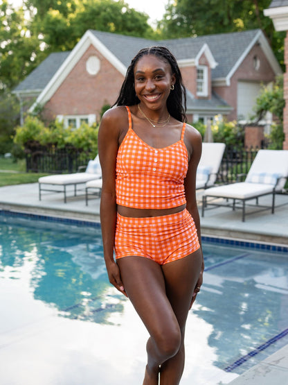 Orange Gingham Button Crop Top