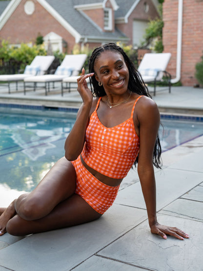 Orange Gingham Button Crop Top
