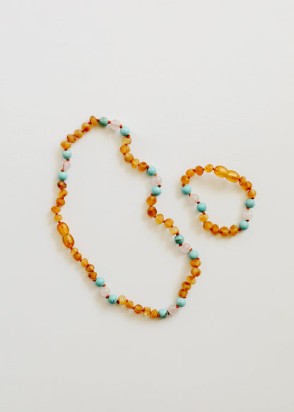 Raw Honey Baltic Amber and Natural Turquoise + Rose Quartz || Anklet or Bracelet