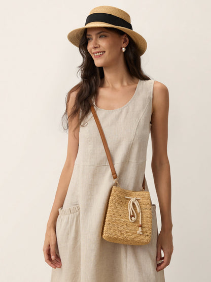Mini Handwoven Raffia Drawstring Crossbody Bag