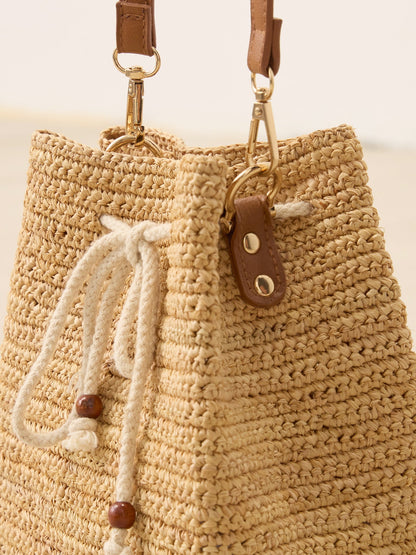 Mini Handwoven Raffia Drawstring Crossbody Bag