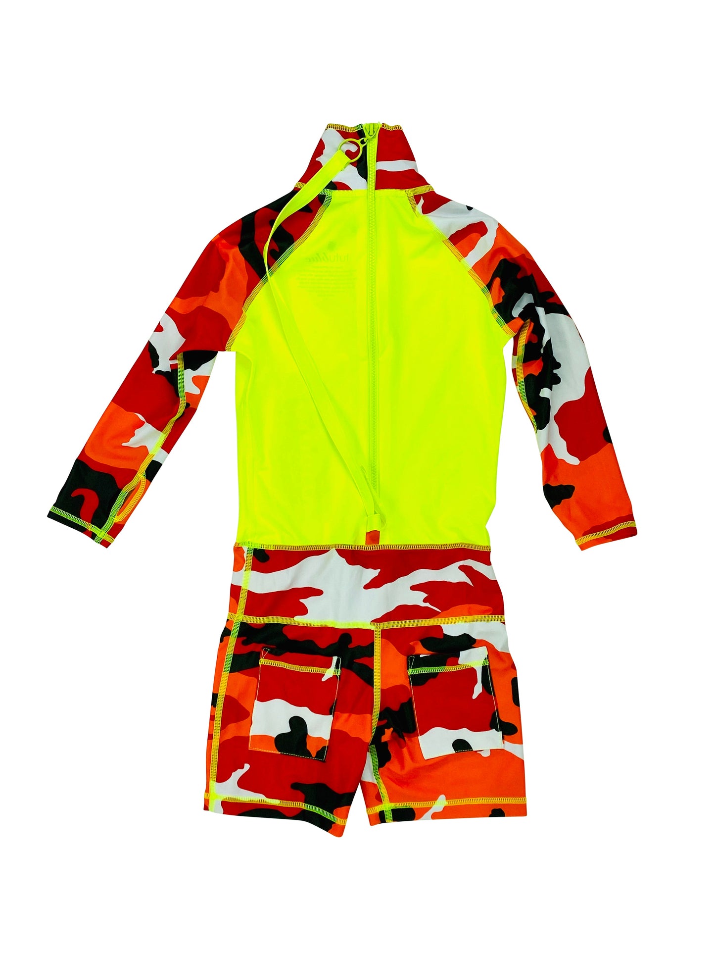 Boy's Short Body Swimsuit - UPF 50+ Sun Protective Swimwear - Red Camo w/Neon Yellow