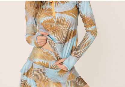 Women's Henley Rash Guard - Misty Palm
