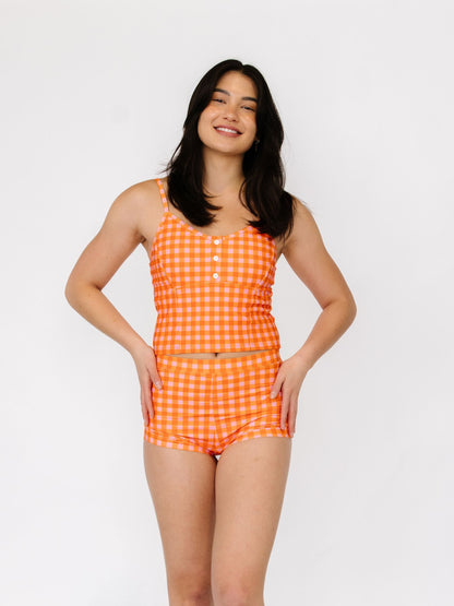 Orange Gingham Button Crop Top