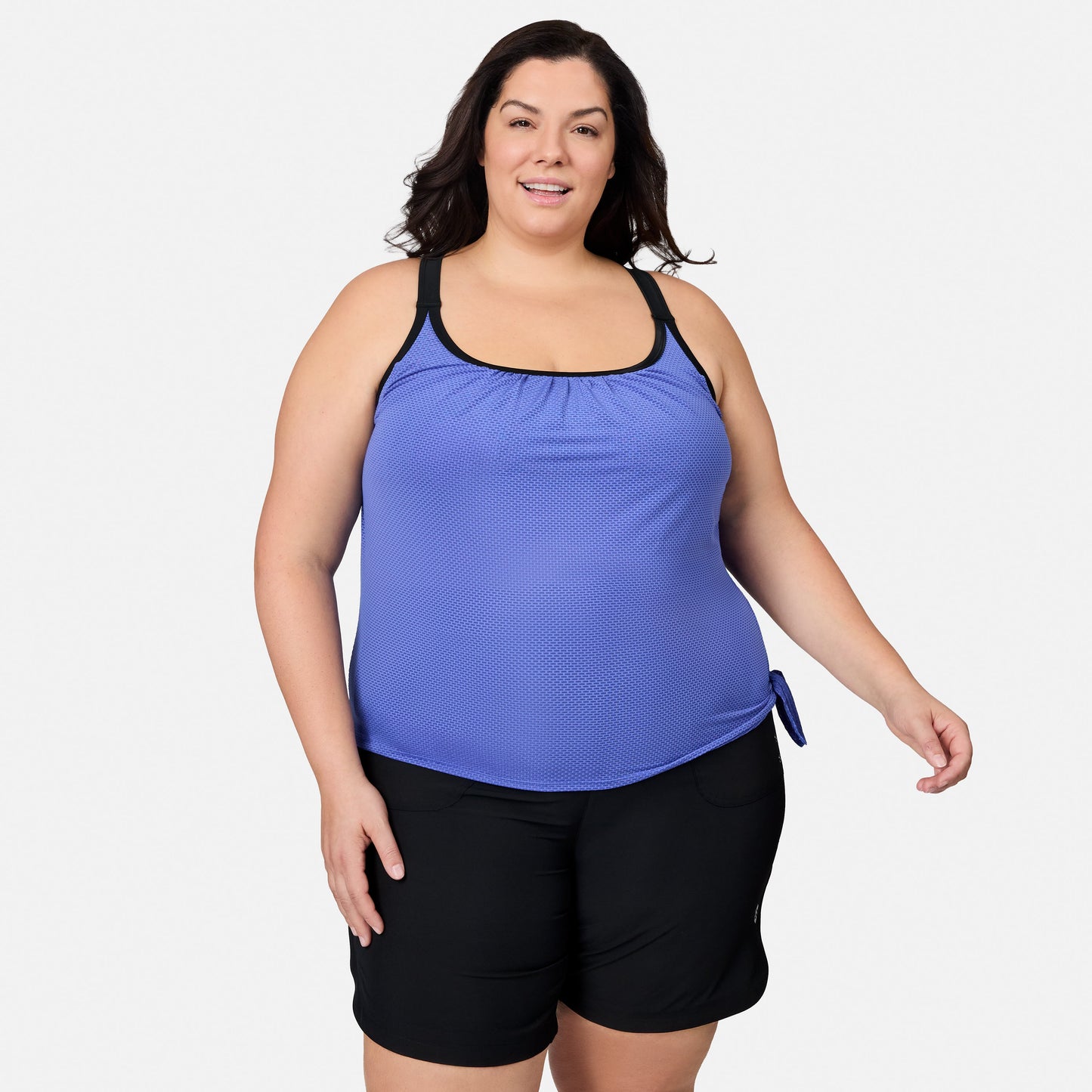 Women's Plus Size Textured Mesh Side Tie Blouson Tankini Top