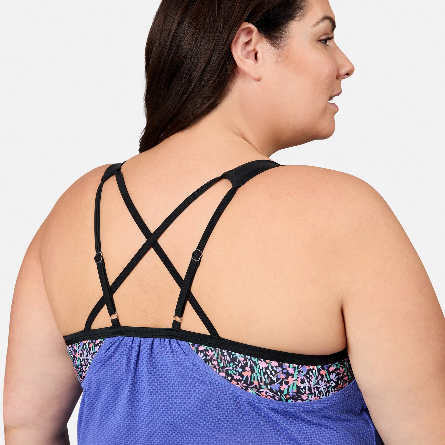 Women's Plus Size Textured Mesh Side Tie Blouson Tankini Top