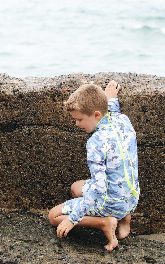 Boy's Short Body Swimsuit - UPF 50+ Sun Protective Swimwear - Blue Camo